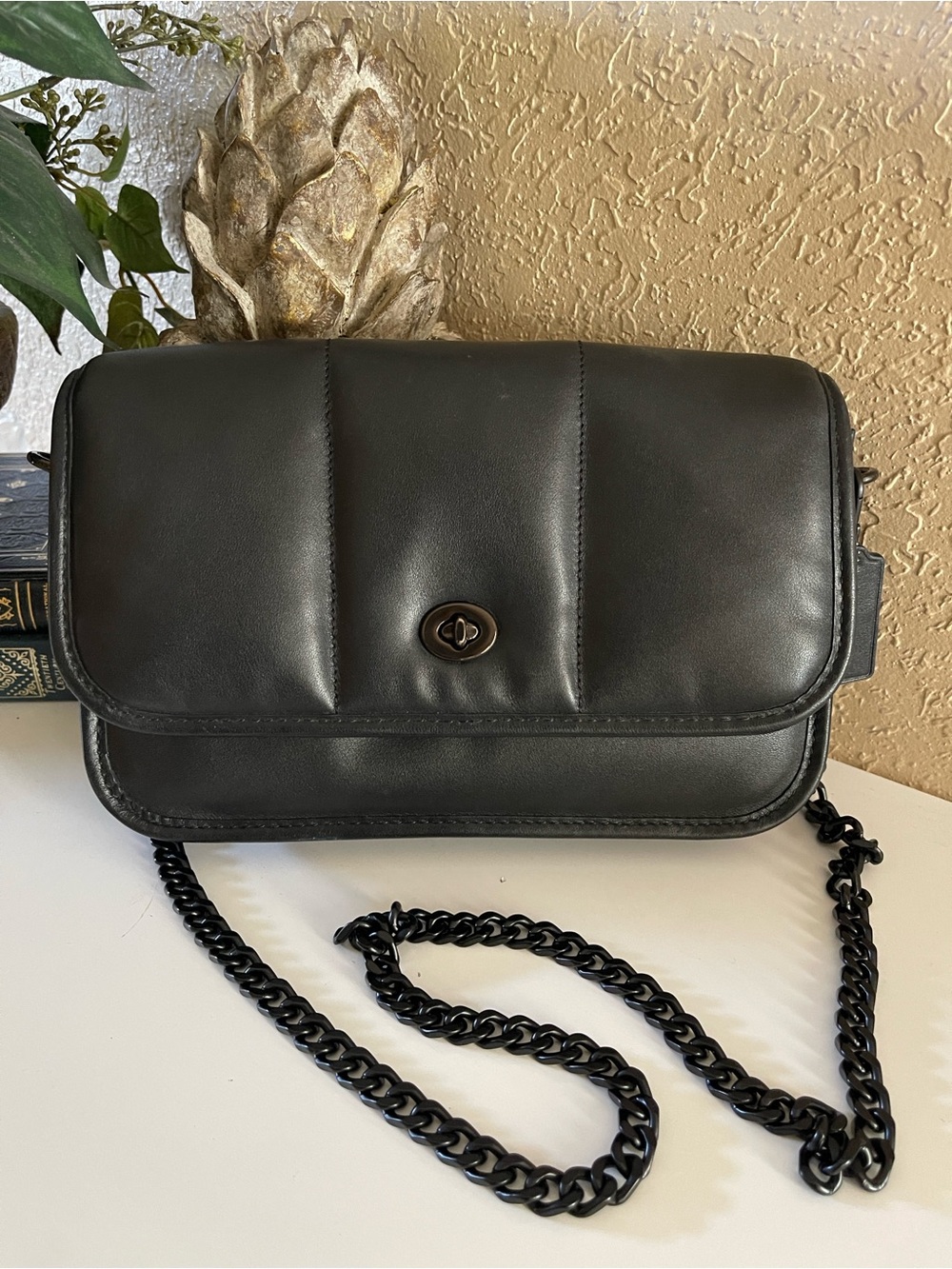 Coach Black Leather Crossbody Bag with Chain Strap